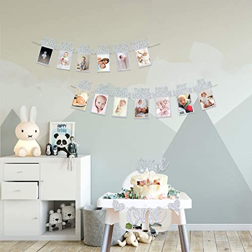 Silver 1st Birthday Baby Photo Banner for Newborn to 12 Months And Alphabet ONE Bunting, Alphabet ONE Cake Topper for Baby Show First Birthday Party Decoration