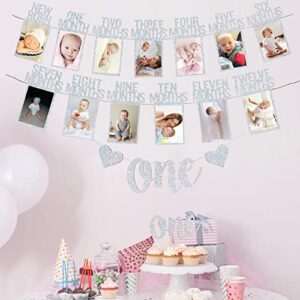 Silver 1st Birthday Baby Photo Banner for Newborn to 12 Months And Alphabet ONE Bunting, Alphabet ONE Cake Topper for Baby Show First Birthday Party Decoration