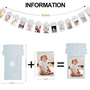 Silver 1st Birthday Baby Photo Banner for Newborn to 12 Months And Alphabet ONE Bunting, Alphabet ONE Cake Topper for Baby Show First Birthday Party Decoration