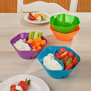 Jarratt Industries Double Dipper Snack and Serving Bowls, Divided Bowls Perfect for Chips, Dips, Snacks, Salad, Nuts, Pistachios, Cereal, Microwave and Dishwasher Safe, Set of 4