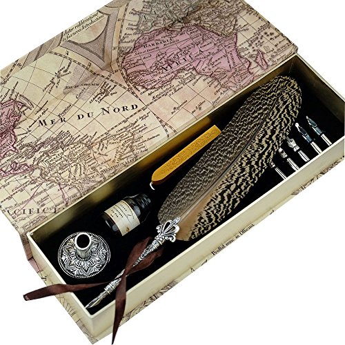 GC Quill Pen Beautiful Nuture Feather Metal Carving Pen Holder 6 Nibs Gift Set GCLL021