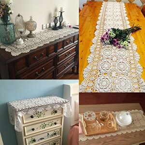 KEPSWET Cotton Handmade Crochet Lace Table Runner Beige Rectangle Coffee Table Dresser Decor (14x36 inch)