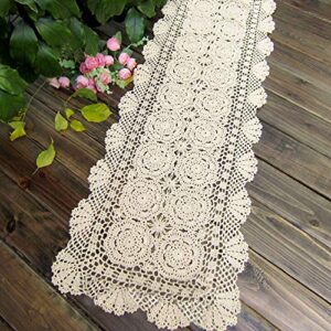 KEPSWET Cotton Handmade Crochet Lace Table Runner Beige Rectangle Coffee Table Dresser Decor (14x36 inch)