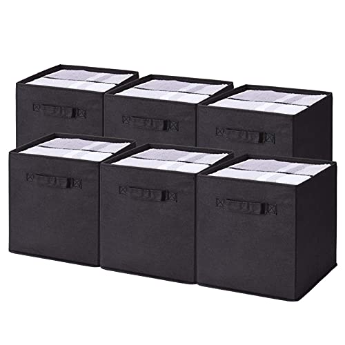 MaidMAX Cloth Storage Cubes Bins with Dual Handles for Home Closet Nursery Drawers Organizer, Foldable, Black, 10.5×10.5×11 inches, Set of 6