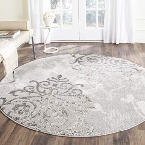 safavieh adirondack collection area rug - 4' round, silver & ivory, floral glam damask distressed design, non-shedding & easy care, ideal for high traffic areas in living room, bedroom (adr114b)