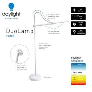 Daylight Company Duolamp, Floor Lamp, Standing Lamp for Living Room, Bedroom, Salon, Office, Touch Control, Flexible Arm, Sleek Design, Multipurpose, Double Head, 4 Brightness Levels - White 10W