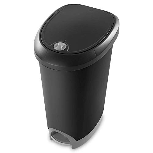 Sterilite 12.6 Gallon Innovative Hands Free Home Kitchen Black Plastic Wastebasket Trashcan with Locking Lid and Step On Pedal, 2 Pack