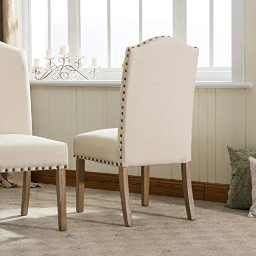 Roundhill Furniture Mod Urban Style Solid Wood Nailhead Fabric Padded Parson Chair (Set of 2), Tan