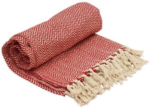 hand-woven cotton knit throw blanket - 100% cozy farmhouse cotton chevron – cherry red & white - reversible with tassels for couch - home decor furnishing bed chair sofa couch gifts (65 x 52 inch)