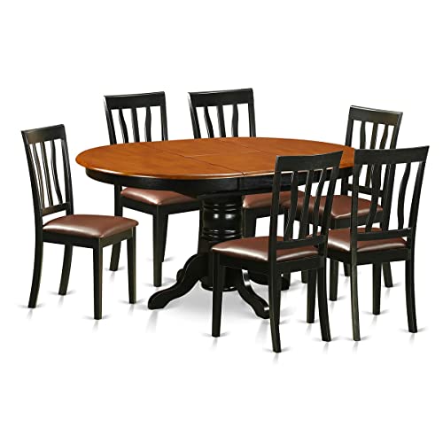 East-West Furniture 7-Pieces Nook Kitchen Table Set PU Leather wood chairs – Black and cherry Finish Hardwood Butterfly Leaf Pedestal Modern Dining Table and Frame