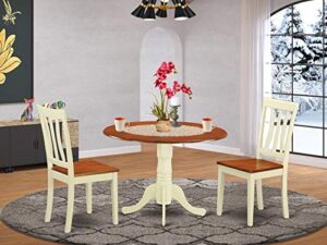 east west furniture dlan3-bmk-w 3 piece dinette set for small spaces contains a round dining table with dropleaf and 2 kitchen dining chairs, 42x42 inch, buttermilk & cherry