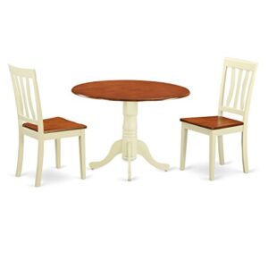 East West Furniture DLAN3-BMK-W 3 Piece Dinette Set for Small Spaces Contains a Round Dining Table with Dropleaf and 2 Kitchen Dining Chairs, 42x42 Inch, Buttermilk & Cherry
