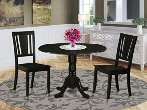 east west furniture dublin 3 piece kitchen set for small spaces contains a round dining room table with dropleaf and 2 solid wood seat chairs, 42x42 inch, black