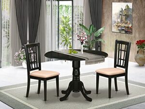 east west furniture dlni3-blk-c 3 piece set contains a round dining room table with dropleaf and 2 linen fabric upholstered kitchen chairs, 42x42 inch, black