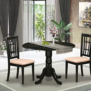 East West Furniture DLNI3-BLK-C 3 Piece Set Contains a Round Dining Room Table with Dropleaf and 2 Linen Fabric Upholstered Kitchen Chairs, 42x42 Inch, Black