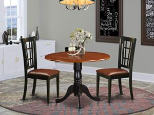 east west furniture dlni3-bch-lc 3 piece set contains a round dining room table with dropleaf and 2 faux leather upholstered chairs, 42x42 inch, black & cherry