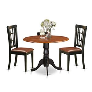 East West Furniture DLNI3-BCH-LC 3 Piece Set Contains a Round Dining Room Table with Dropleaf and 2 Faux Leather Upholstered Chairs, 42x42 Inch, Black & Cherry