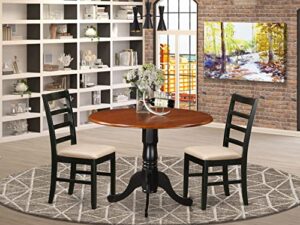 east west furniture dublin 3 piece set contains a round dining room table with dropleaf and 2 linen fabric upholstered kitchen chairs, 42x42 inch, black & cherry