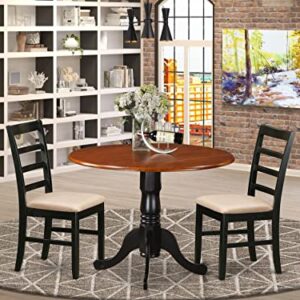 East West Furniture Dublin 3 Piece Set Contains a Round Dining Room Table with Dropleaf and 2 Linen Fabric Upholstered Kitchen Chairs, 42x42 Inch, Black & Cherry