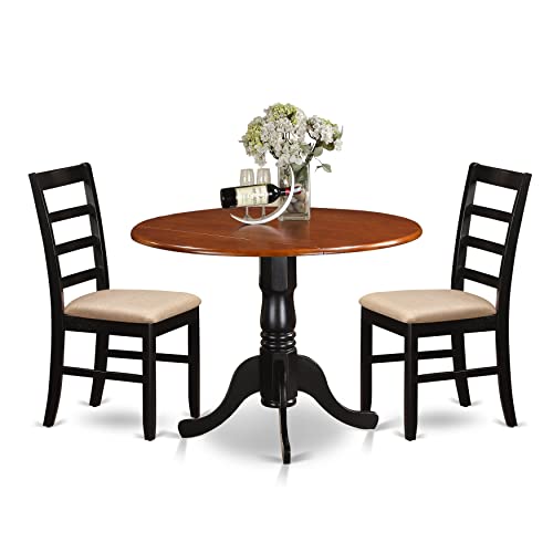 East West Furniture Dublin 3 Piece Set Contains a Round Dining Room Table with Dropleaf and 2 Linen Fabric Upholstered Kitchen Chairs, 42x42 Inch, Black & Cherry