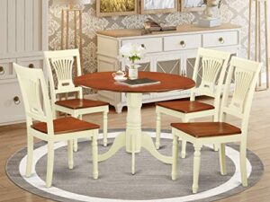 east west furniture dublin 5 piece modern set includes a round wooden table with dropleaf and 4 dining chairs, 42x42 inch, buttermilk & cherry