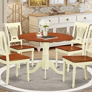 East West Furniture Dublin 5 Piece Modern Set Includes a Round Wooden Table with Dropleaf and 4 Dining Chairs, 42x42 Inch, Buttermilk & Cherry