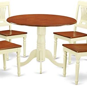 East West Furniture Dublin 5 Piece Modern Set Includes a Round Wooden Table with Dropleaf and 4 Dining Chairs, 42x42 Inch, Buttermilk & Cherry