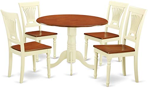 East West Furniture Dublin 5 Piece Modern Set Includes a Round Wooden Table with Dropleaf and 4 Dining Chairs, 42x42 Inch, Buttermilk & Cherry