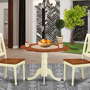 East West Furniture Dublin 3 Piece Kitchen Set for Small Spaces Contains a Round Table with Dropleaf and 2 Dining Room Chairs, 42x42 Inch, Buttermilk & Cherry