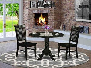 east west furniture dublin 3 piece room set contains a round kitchen table with dropleaf and 2 dining chairs, 42x42 inch, black