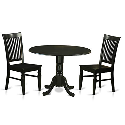 East West Furniture Dublin 3 Piece Room Set Contains a Round Kitchen Table with Dropleaf and 2 Dining Chairs, 42x42 Inch, Black