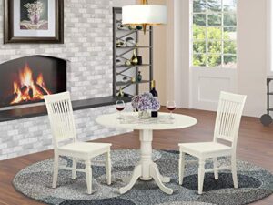 east west furniture dublin 3 piece dinette set for small spaces contains a round table with dropleaf and 2 dining room chairs, 42x42 inch, linen white