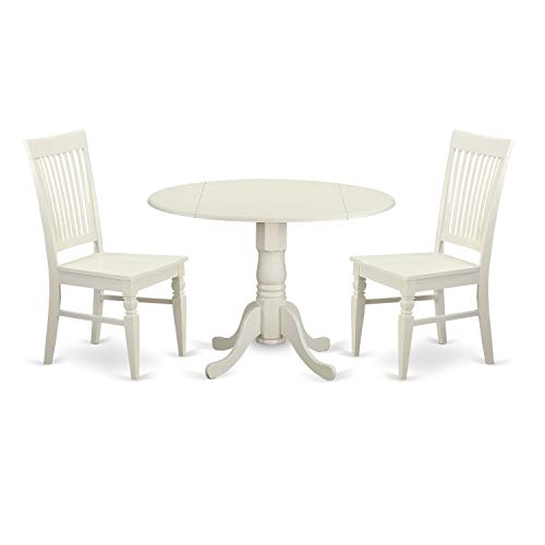 East West Furniture Dublin 3 Piece Dinette Set for Small Spaces Contains a Round Table with Dropleaf and 2 Dining Room Chairs, 42x42 Inch, Linen White