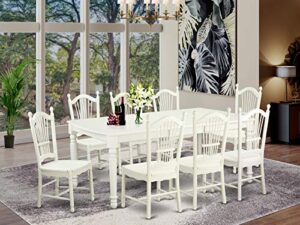 east west furniture dover 9 piece room furniture set includes a rectangle wooden table with butterfly leaf and 8 kitchen dining chairs, 42x78 inch, linen white