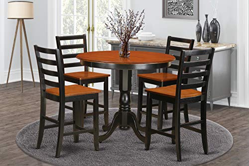 East West Furniture TRFA5-BLK-W 5 Piece Counter Height Pub Set Includes a Round Dining Room Table and 4 Kitchen Chairs, 42x42 Inch, Black & Cherry