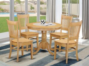 5 piece dining set includes a round dining room table with pedestal and 4 wood seat chairs
