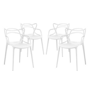 modway entangled modern molded plastic four dining armchairs in white
