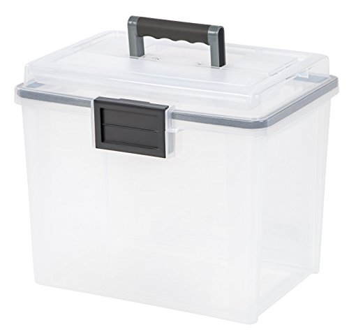 IRIS USA 19 Qt. WEATHERPRO Letter Size Portable File Box, 4 Pack, Plastic Storage Container with Organizer-Lid and Seal and Secure Latching Buckles, Weathertight, Clear with Black Buckle