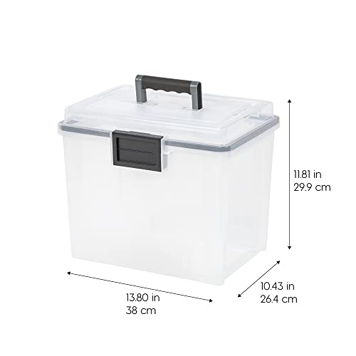 IRIS USA 19 Qt. WEATHERPRO Letter Size Portable File Box, 4 Pack, Plastic Storage Container with Organizer-Lid and Seal and Secure Latching Buckles, Weathertight, Clear with Black Buckle