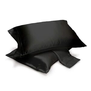 pack of 2 satin pillowcases for hair and skin, satin pillow cases set of 2 pillow cover with envelop closure (standard/queen, black)
