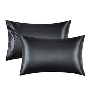 Pack of 2 Satin Pillowcases for Hair and Skin, Satin Pillow Cases Set of 2 Pillow Cover with Envelop Closure (Standard/Queen, Black)