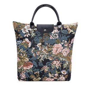 signare tapestry foldable tote bag reusable shopping bag grocery bag with floral peony design (fdaw-peo)