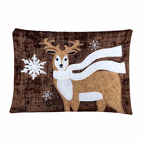 Comfy Hour Wood Reindeer with Scarf and Snowflake Throw Pillow, 18-inches(Length), Brown, Polyester Wildlife Collection