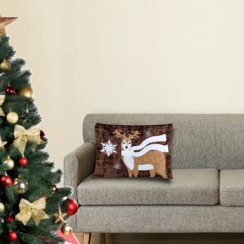 Comfy Hour Wood Reindeer with Scarf and Snowflake Throw Pillow, 18-inches(Length), Brown, Polyester Wildlife Collection