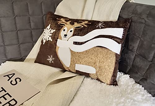 Comfy Hour Wood Reindeer with Scarf and Snowflake Throw Pillow, 18-inches(Length), Brown, Polyester Wildlife Collection