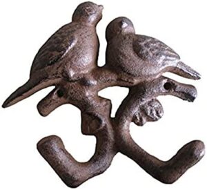 comfy hour 4.45" cast iron double birds two key coat hooks wall hanger clothes rail set, heavy duty, rustic recycled, brown, antique & vintage collection