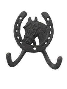 comfy hour cast iron horse head horseshoe double key coat hooks wall hanger clothes rack, heavy duty recycled, dark brown, antique & vintage collection