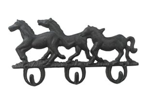 comfy hour 6.69" cast iron three running horse triple key coat hooks wall hanger clothes rack set heavy duty recycled, dark brown, antique & vintage collection