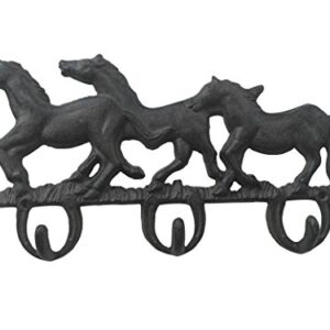 Comfy Hour 6.69" Cast Iron Three Running Horse Triple Key Coat Hooks Wall Hanger Clothes Rack Set Heavy Duty Recycled, Dark Brown, Antique & Vintage Collection