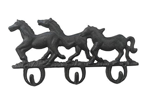 Comfy Hour 6.69" Cast Iron Three Running Horse Triple Key Coat Hooks Wall Hanger Clothes Rack Set Heavy Duty Recycled, Dark Brown, Antique & Vintage Collection